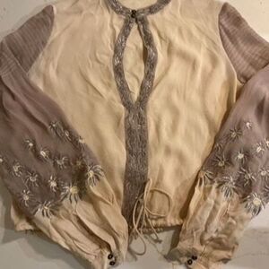 Free People Bohemian Cream Mesh Embroidered Top Sz M Gorgeous